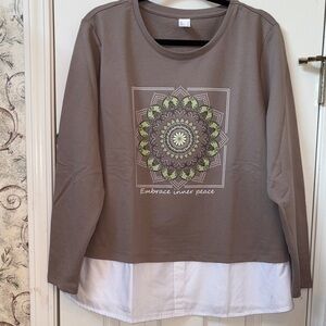 Women's Taupe and White Long Sleeve Top